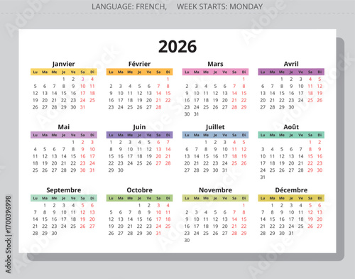 2026 french modern calendar. Vector illustration for France color months in year - calendrier francais
