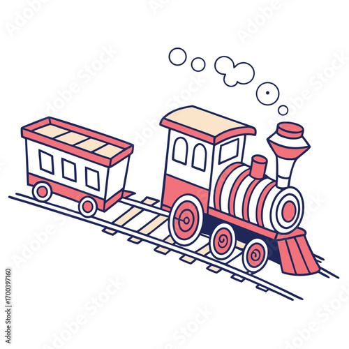 The cartoon illustration depicts various modes of transportation, from a train on the railway to a toy car on the city road