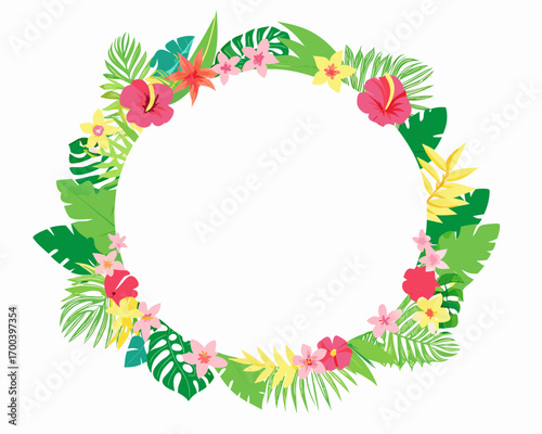 Tropical floral wreath with hibiscus and palm leaves