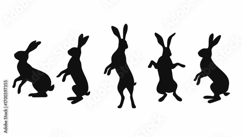 Five black rabbit silhouettes in various playful poses on a white background