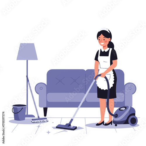 Smiling maid cleaning living room floor with vacuum cleaner and mop, ensuring a spotless and comfortable home environment.