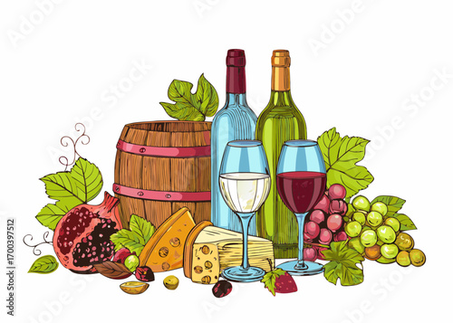 Still life of wine bottles glasses cheese grapes and barrel