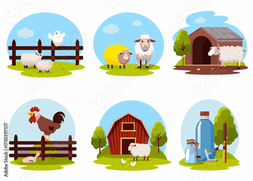 Farm animals and buildings in a cartoon style with blue sky background