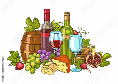 Still life with wine bottles glasses cheese grapes and barrel