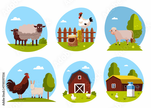 Collection of cute farm animals and buildings in oval scenes