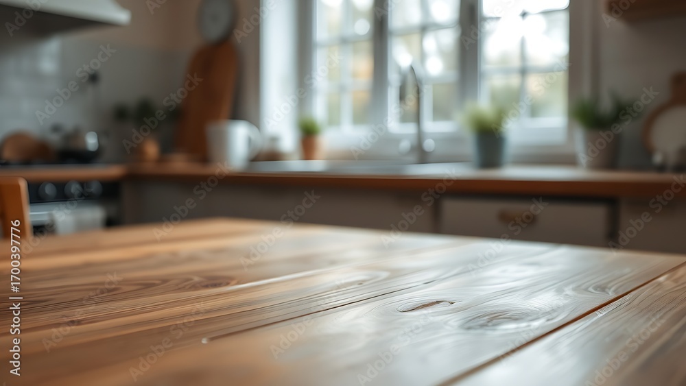 Fototapeta premium Wooden table surface with natural texture and soft kitchen lighting.