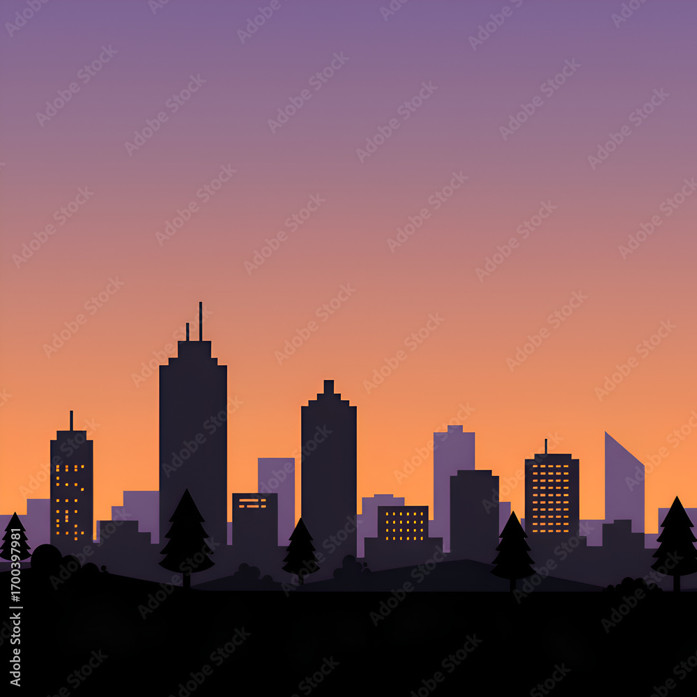 Naklejka premium Silhouette of Modern City Skyline at Sunset with Tall Buildings and Pine Trees
