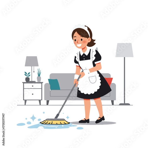 Smiling maid cleaning living room floor with mop and bucket, creating sparkling water puddles in bright and cheerful domestic scene.