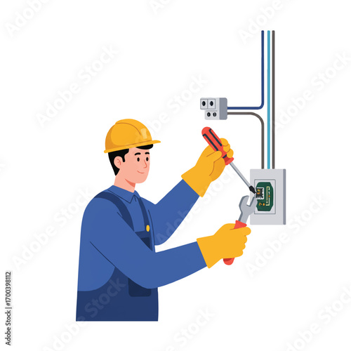 Electrician repairing electrical outlet with screwdriver and wrench in residential home, ensuring safety and functionality with focused expertise.