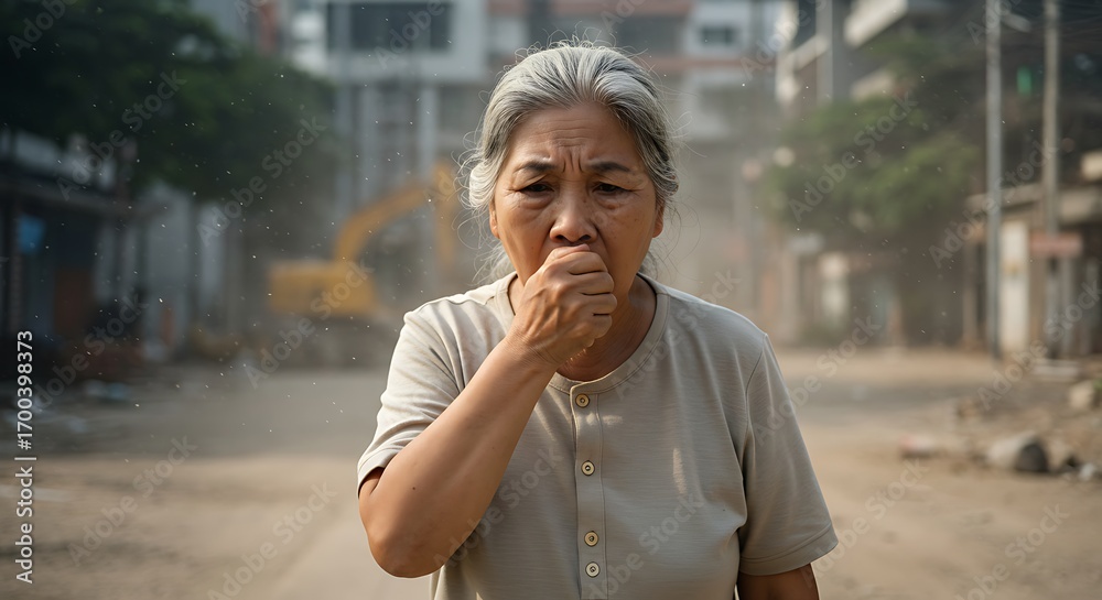 Fototapeta premium Elderly Woman Coughing in Dusty Urban Environment