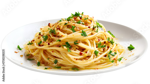 A classic and simple Italian dish of Spaghetti Aglio e Olio, tossed with sautéed garlic, olive oil, chili flakes, and fresh parsley. Isolated shot.