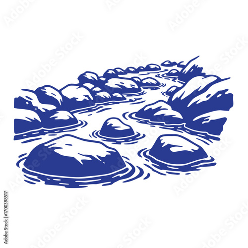 A stylized blue vector illustration depicting a river flowing over stone boulders in nature