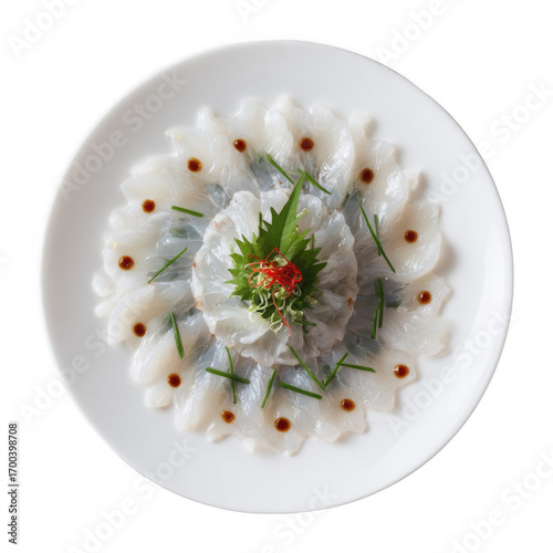 Elegant Top-Down Presentation of Japanese Fugu Sashimi on a White Plate [Transparent Background PNG].