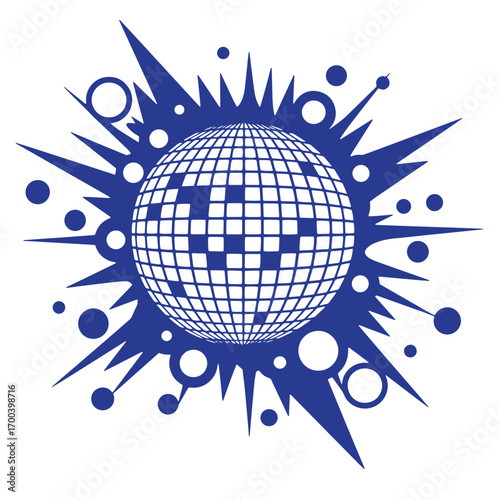 Abstract illustration of a disco ball surrounded by an explosion of dynamic elements in blue