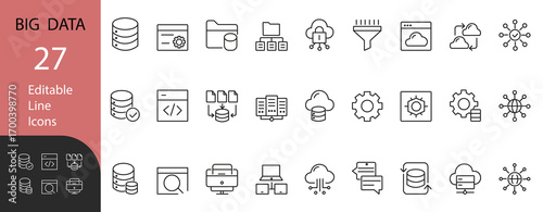 Big Data line 27 icons with servers, databases, cloud, security, and analytics. Editable vector pack for IT, and technology projects.
