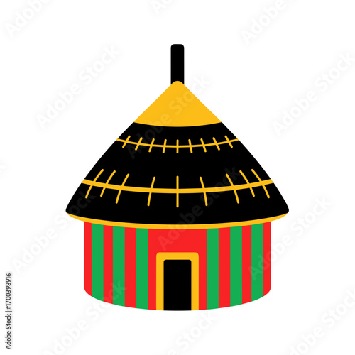 African hut with colorful stripes isolated on transparent background