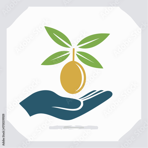 Artistic Representation of Nurturing Growth: Hand Holding a Fruit with Leaves