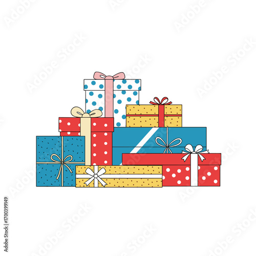Pile of wrapped gift boxes decorated with ribbons