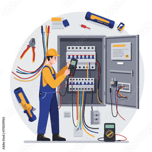 Electrician inspecting electrical panel with multimeter in residential building, ensuring safety and proper function during routine maintenance.