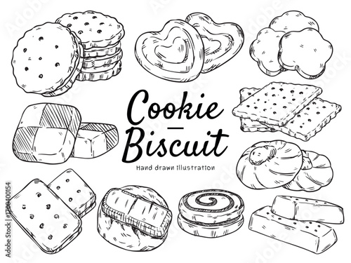 Set of hand drawn cookie and biscuit outline drawing illustration