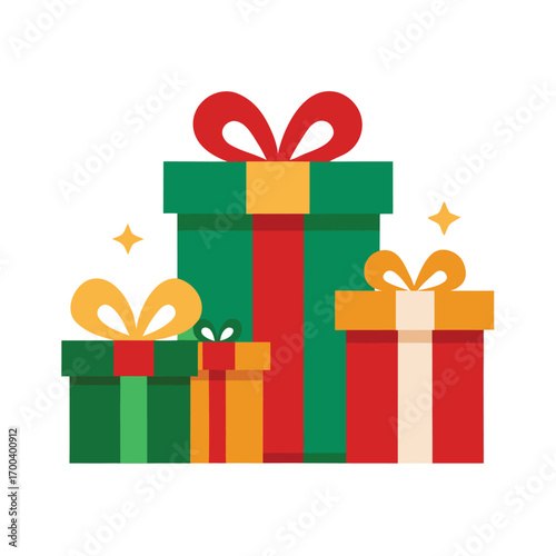 Stack of festive Christmas gift boxes with ribbons Keywords: christmas gifts, presents, gift