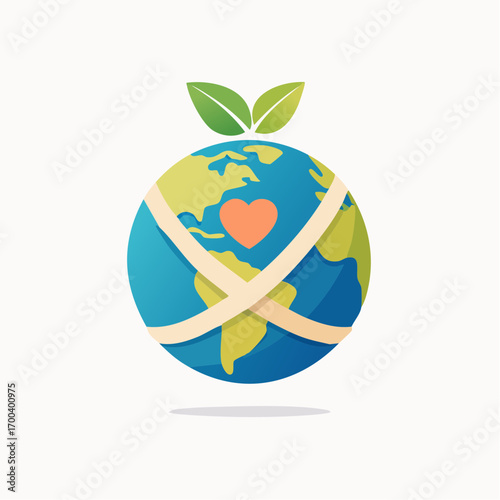 Conceptual illustration of earth with heart, leaves, and embracing ribbons for eco-consciousness