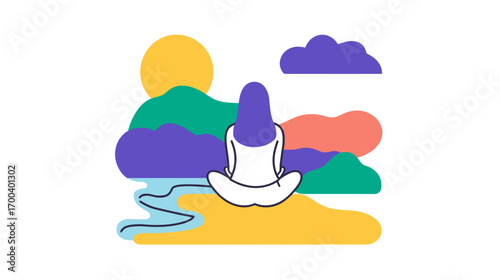 Vector illustration of a woman meditating facing the mountains and sun
