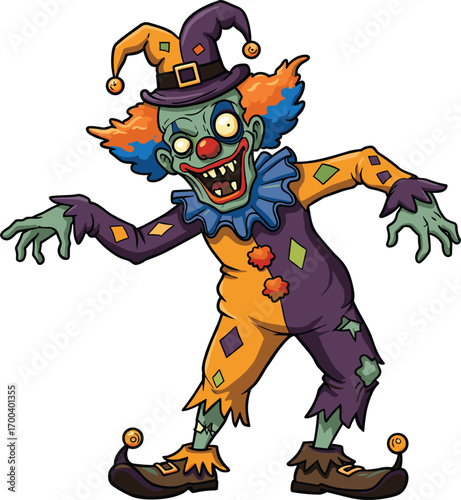 Scary zombie clown in purple and orange costume, creepy undead jester, Halloween horror character, spooky clown with green skin