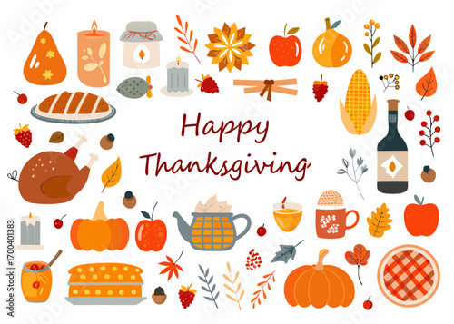 Happy thanksgiving illustration with autumn harvest and festive food elements