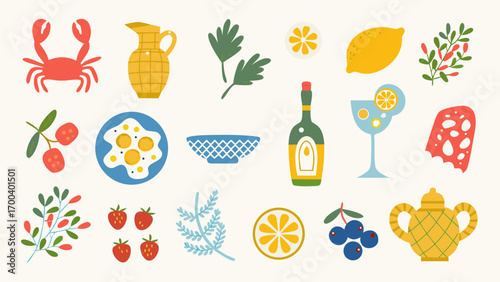 Collection of stylized food and drink illustrations in a flat design style