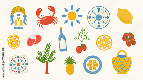 Collection of colorful mediterranean inspired illustrations and icons