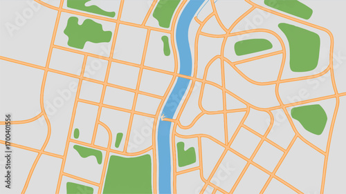 Vector art of urban map with river and green spaces