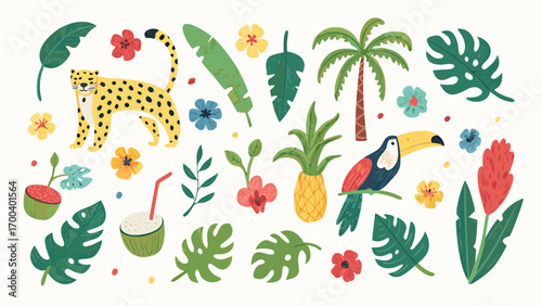 Tropical jungle elements with leopard toucan pineapple and palm tree