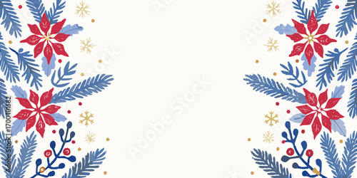 Christmas poinsettia and pine branch border with snowflakes