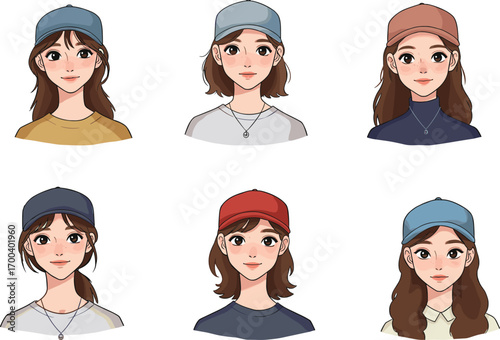 Beautiful girl wearing baseball cap, cute cartoon female portrait, stylish fashion character illustration, trendy woman vector design, casual streetwear art