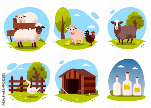 Farm animals and countryside scenes with sheep chickens and goose