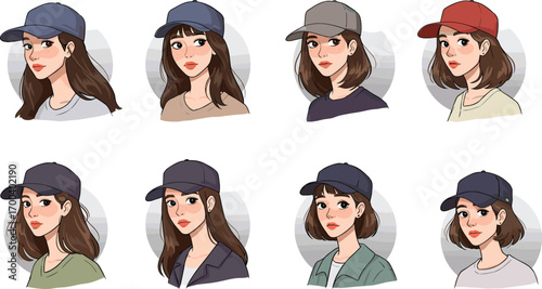 Beautiful girl wearing cap, cartoon female character, modern streetwear fashion, stylish young woman illustration, baseball hat design, vector art