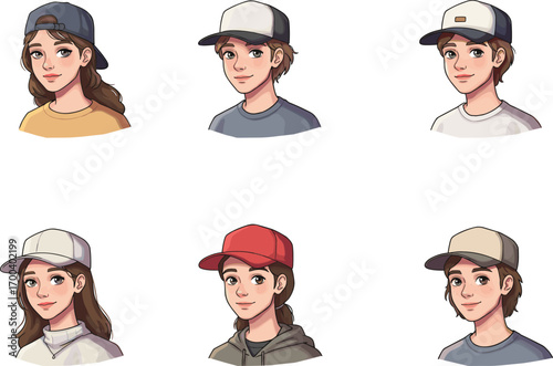 Boy and girl wearing baseball caps, casual cartoon portraits, stylish fashion characters, modern vector illustration, trendy streetwear design, youthful art