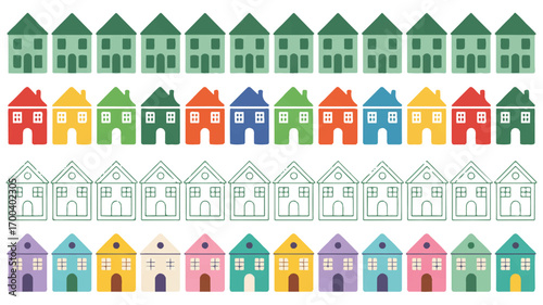 Vector art of collection of colorful houses in rows