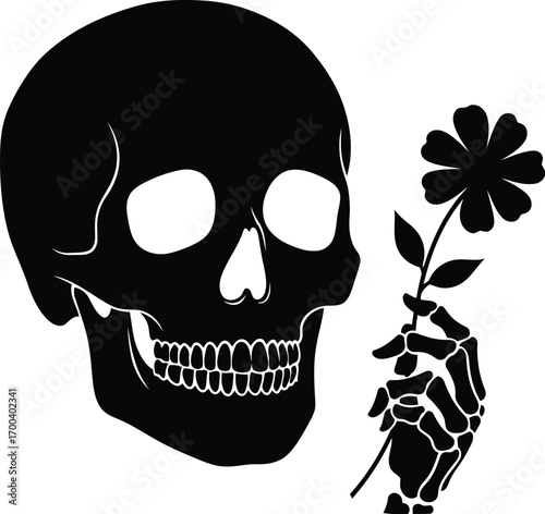 Dark skull holding a delicate flower symbolizing life and death contrast transparent background