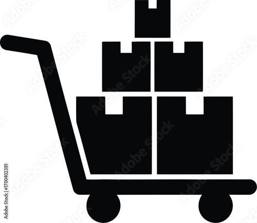 Black silhouette icon of a hand truck loaded with moving boxes for logistics and delivery transparent background