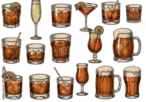 Collection Of Vintage Cocktails Drinks And Beer Glasses Isolated Illustration