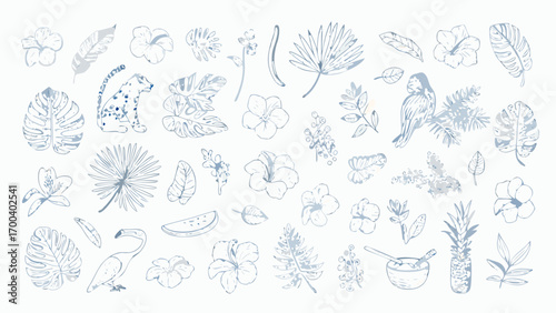 Tropical elements collection with leopard birds flowers and leaves