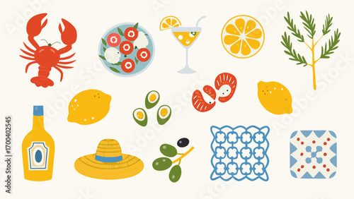 Mediterranean summer vacation food and decor elements collection