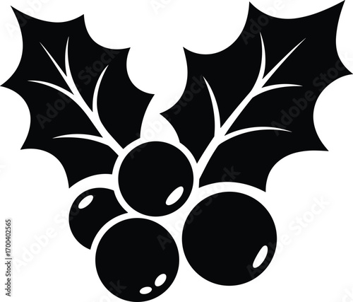 Christmas holly icon, festive holiday decoration, black silhouette of holly leaves and berries, traditional seasonal symbol, vector Christmas plant illustrati