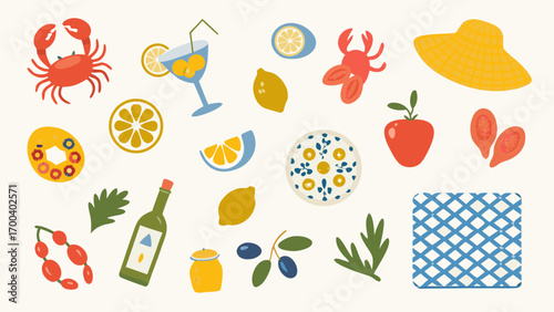 Summer picnic elements with food and drinks on a light background