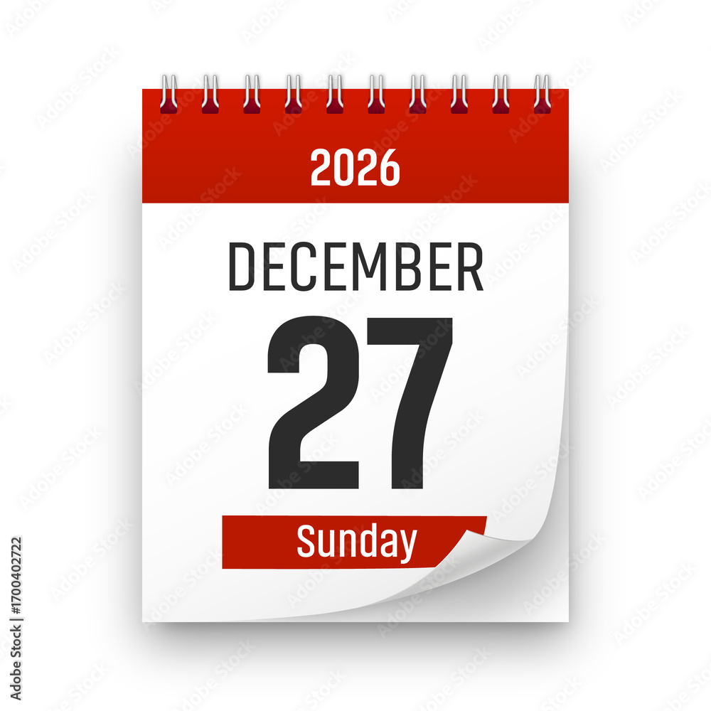 Fototapeta premium Date 27 December 2026 year realistic calendar day page design. December 27 transparent png