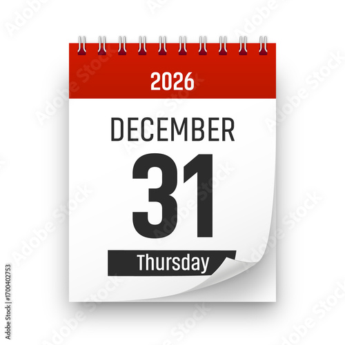Photography Date 31 December 2026 year realistic calendar day page design