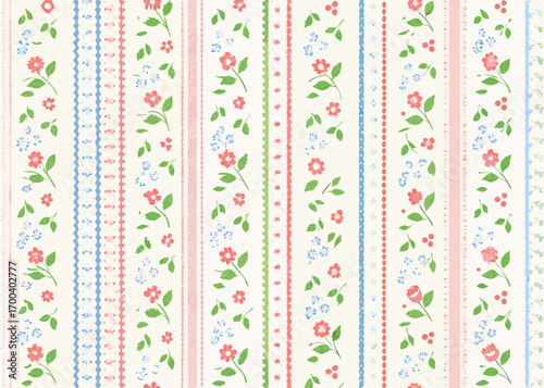 Charming floral stripe pattern with delicate flowers and leaves