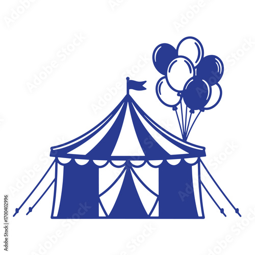 Blue circus tent illustration with balloons celebrating amusement festival fun and entertainment